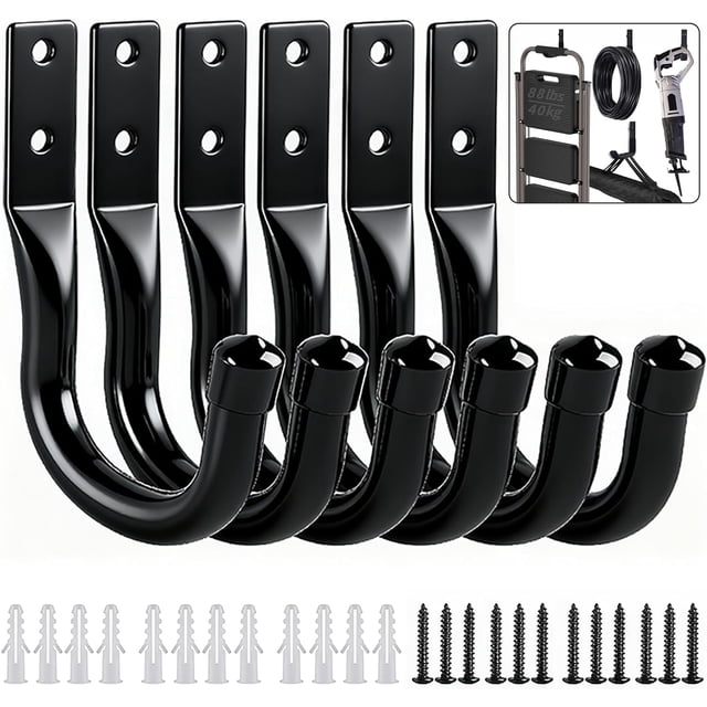 6 PCS Ganchos de Garaje, Cochera Pared Resistentes con Tornillos, Almacenamiento Garaje Antideslizante para Garajes y Hogares, Cable Extensión, Herramienta