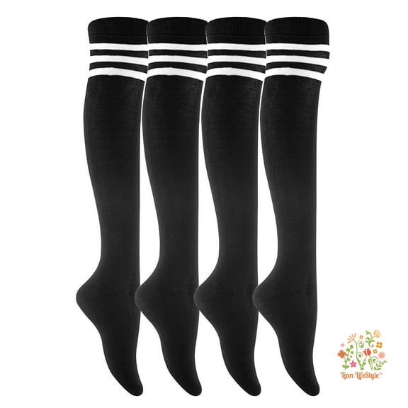 Lian Style Big Girl's 4 Pairs Over-the-Knee Thigh High Knee-high Cotton Socks Size L/XL (White Strip)