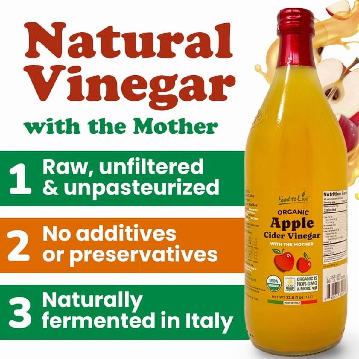 Food To Live Organic Apple Cider Vinegar, 2 L – Raw Italian Natural Vinegar with the Mother, Unfiltered, Unpasteurized, Non-GMO, Vegan, Glass Bottle (Pack of 2)