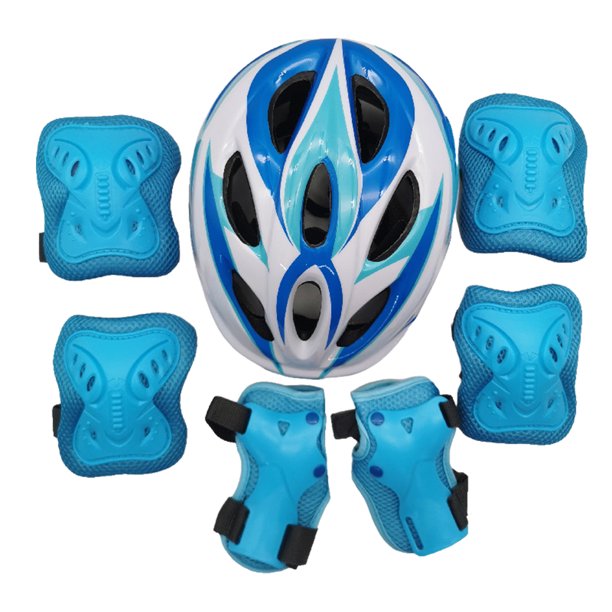 Sonducket Protector de patinaje sobre ruedas de 7 piezas, conjunto de casco para niños pequeños, rodilleras ajustables transpirables patinar Azul
