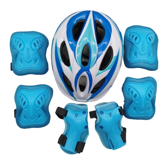 Sonducket Protector de patinaje sobre ruedas de 7 piezas, conjunto de casco para niños pequeños, forro de alta densidad, rodilleras ligeras, patinar Azul