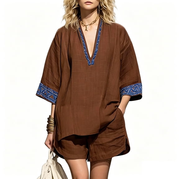 Delconic Women Bohemian Print V Neck Short Sleeve Top and Split Hem Shorts Two Piece Summer Set for Casual and Daily Wear Brown L