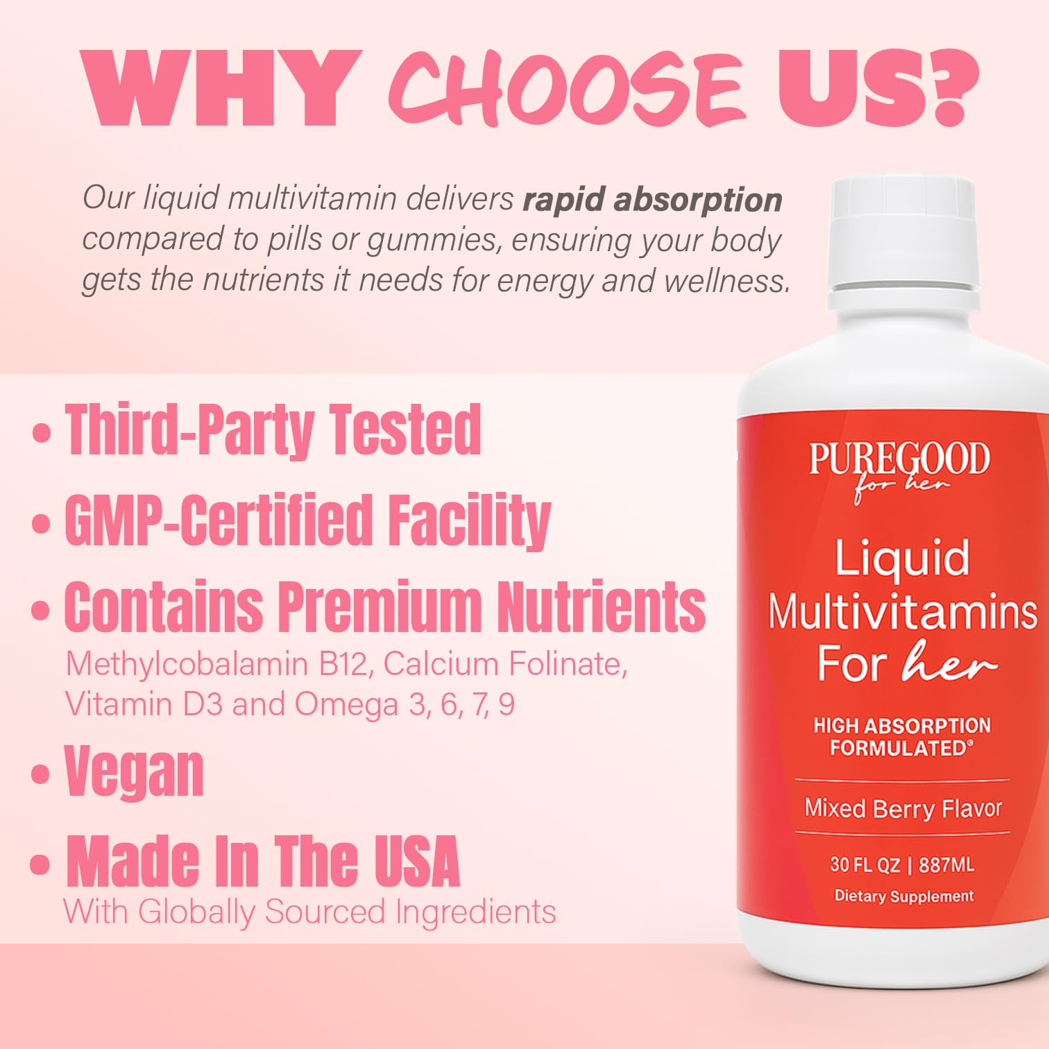 PureGood Women’s Liquid Multivitamin | 70+ Nutrients, Superfoods & Omegas | High Absorption Daily Supplement | Vegan, Non-GMO, Sugar Free | Mixed Berry Flavor | Made in USA