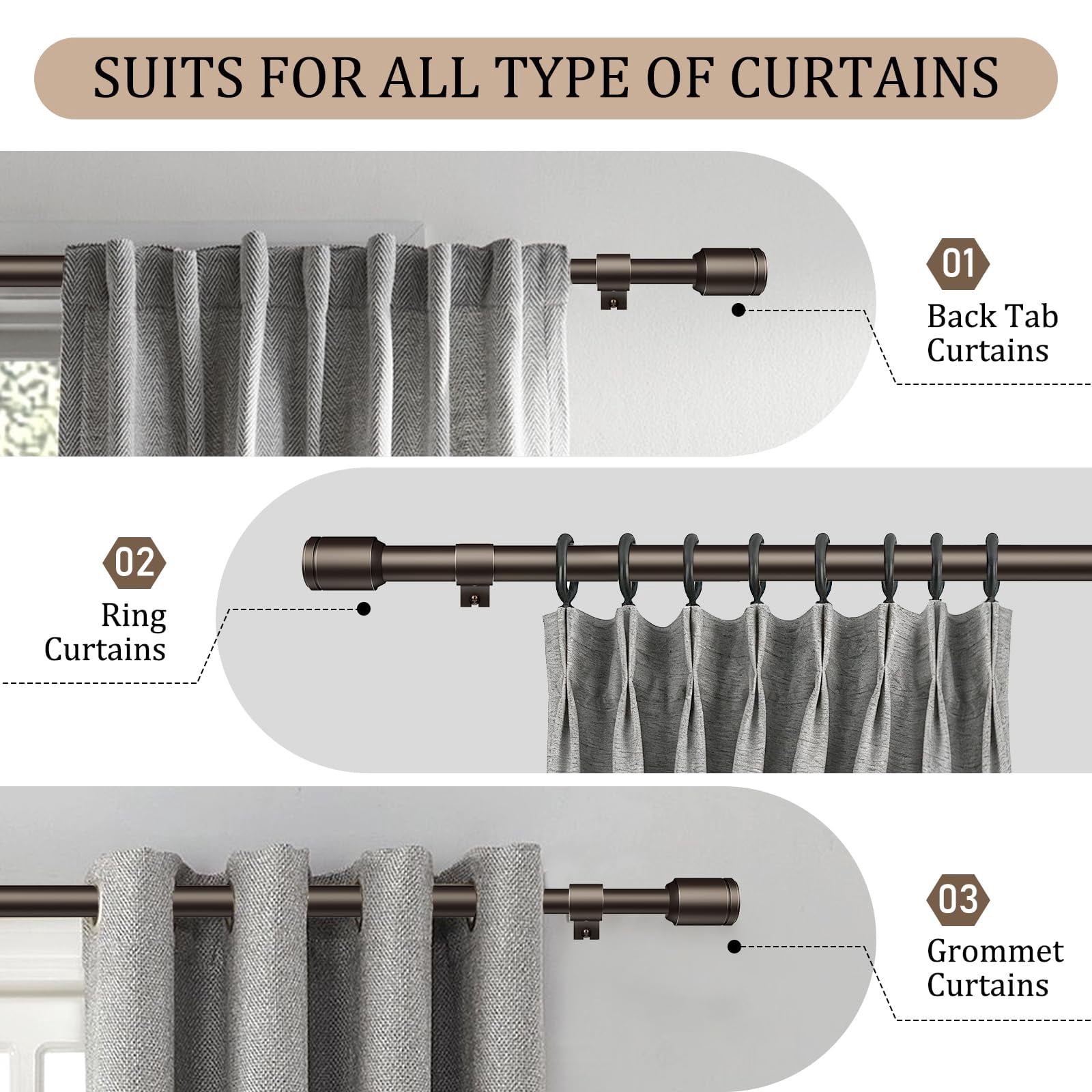 1" Diameter Bronze Curtain Rods For Windows  1 Pack 30-120 Inch Heavy Duty Window Long Adjustable Rod Fits Most Standard Suitable Bedroom Living Room Farmhouse