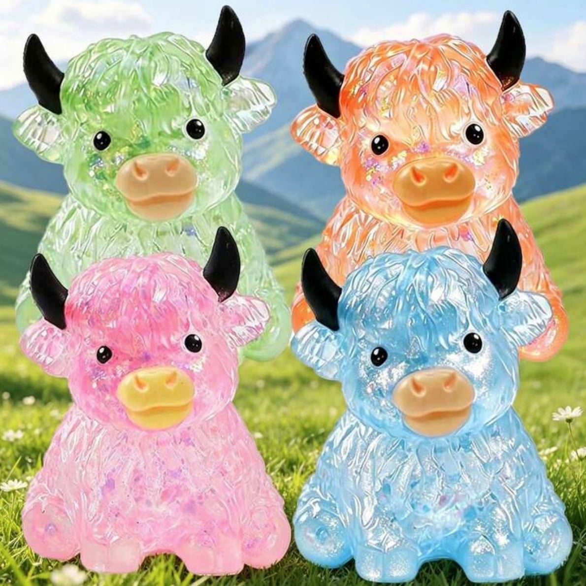 Blue Glitter Highland Cow Squishy Fidget Toy, Cute Slow Rebound Cow Stress Squeeze Toy, Sparkly Animal Sensory Toy for Kids & Adults, Farm Themed Novelty Desk Decor Gift