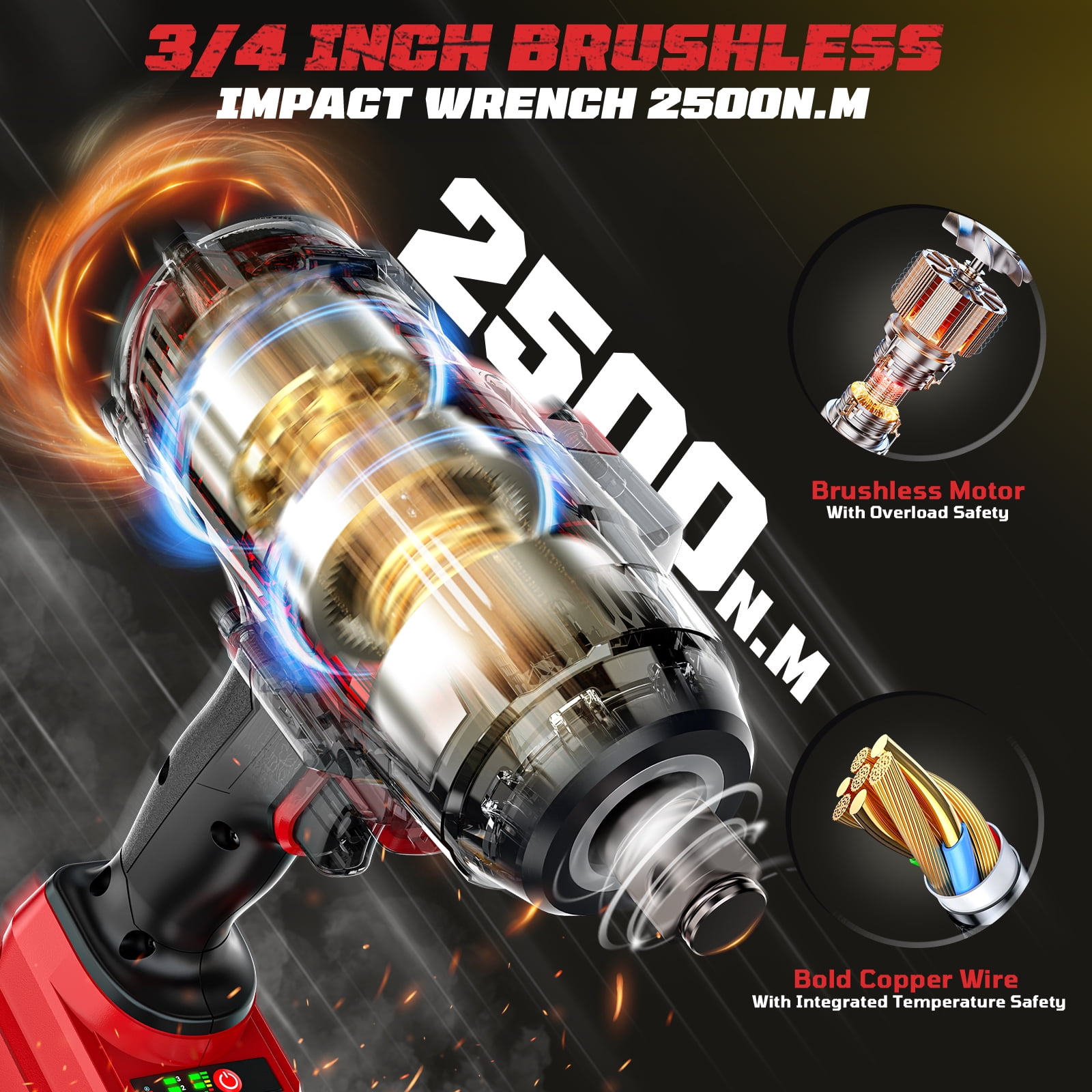 3/4" Impact Wrench for Milwaukee 18V Battery: 1850FT-LBS(2500N.m) High Torque Impact Driver, 4-Speed Heavy Duty Cordless Impact with Auto-Stop Reverse for Car/Truck/Home/Mower(No Battery)