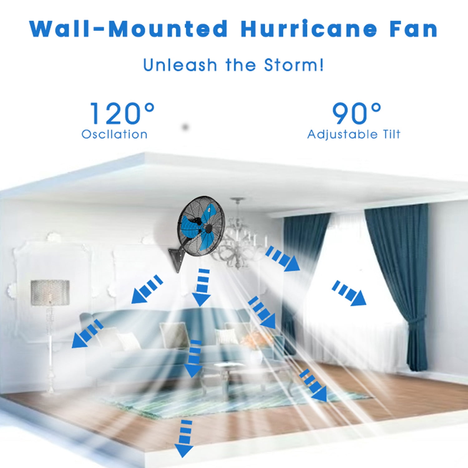 20in Wall Mount Fan, 3-Speed Industrial Wall Fan up to 7000CFM, 120°Oscillating High Airflow Cooling Fan for Garage,Home,Warehouse, Indoor/Outdoor Use, Blue