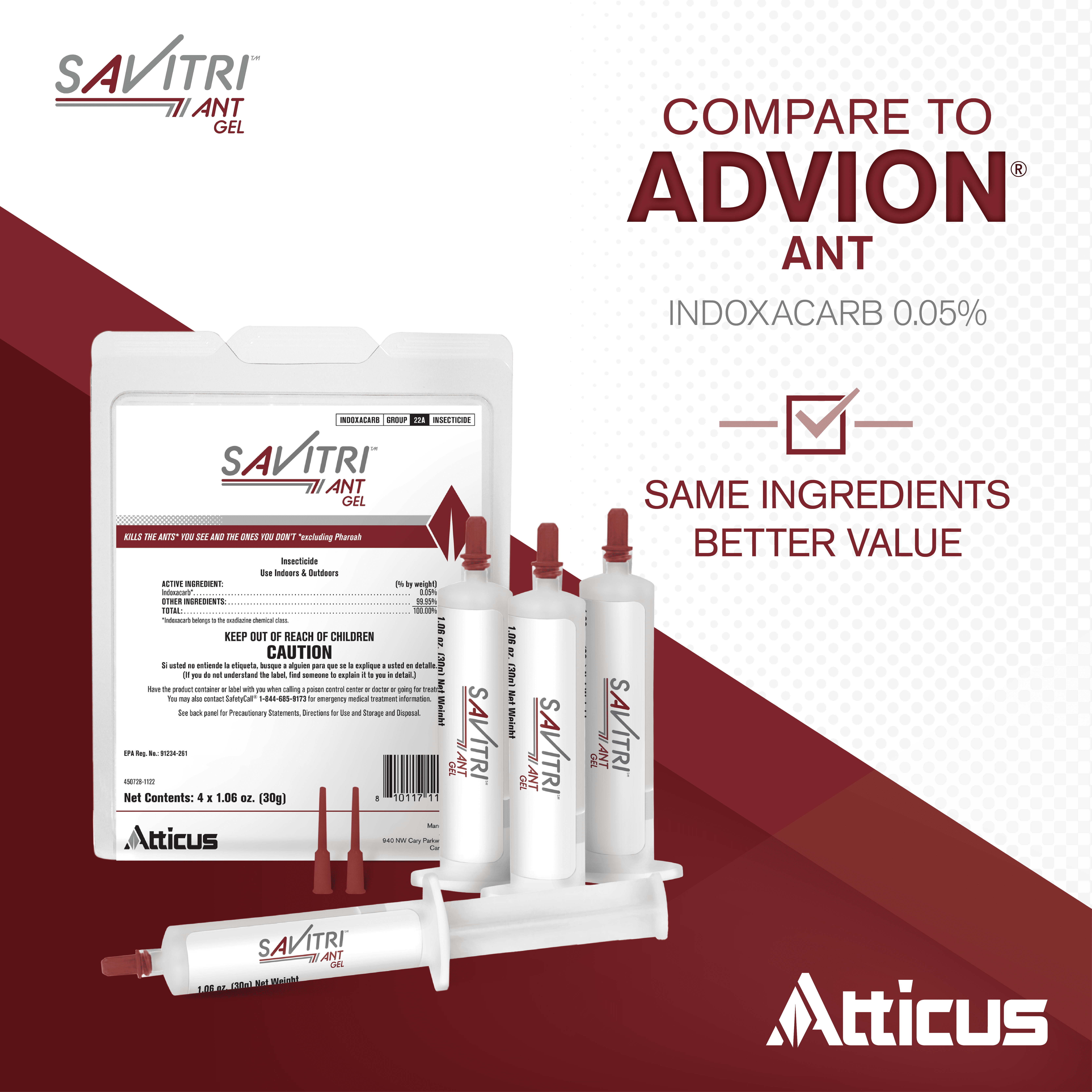 Savitri Ant Gel Bait (4 x 30 Grams) by Atticus (Equivalent to The Leading Brand) - Indoxacarb Ant Control for Indoor and Outdoor Use