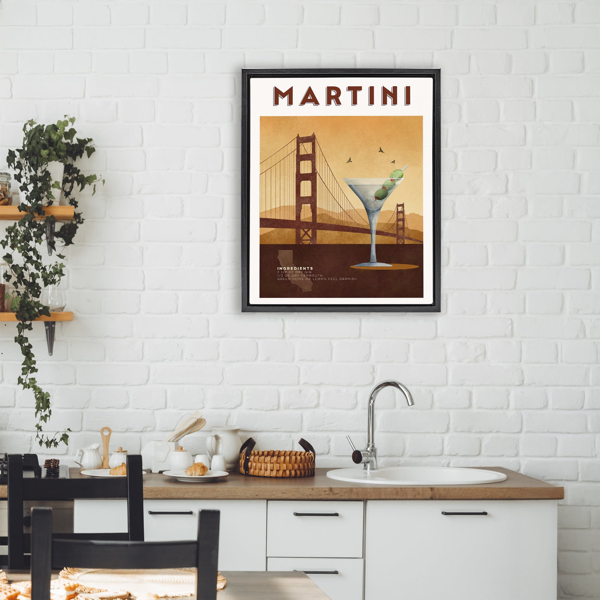 Retro Martini & Bridge View Black Framed Floater Canvas Wall Art, design by Brett Blumenthal