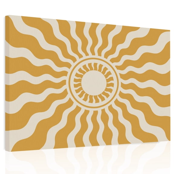Yellow Beige Radiant Sun Canvas Print Wall Art, Abstract Wavy Sunbeams Rings Boho Eclectic Wall Decor Framed Artwork Paintings Pictures for Living Room Bedroom Stretched Ready to Hang, 16" x 20"