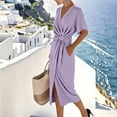 thumbnail image 5 of Women's V Neck Wrap Dress Twisted Slit Pleated Waist Tie Short Sleeve Summer Midi Dresses Purple, 5 of 6
