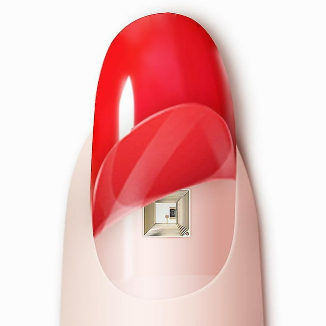 Micro GPS Tracking NFC IC Chip Healthcare Device Tracker Smart Nail Chip by PolarStone. A close-up view of a small, wearable NFC GPS tracker embedded in a nail with a red overlay. Features include wireless network, GPS navigation, 4G connectivity, built-in flash memory, app control, IP67 waterproof rating, and compatibility with Android and iOS systems. Suitable as a personal tracking device for healthcare and fitness monitoring. Dimensions: 5mm x 5mm x 0.12mm, weight: 0.01g, RF frequency: 13.56MHz.