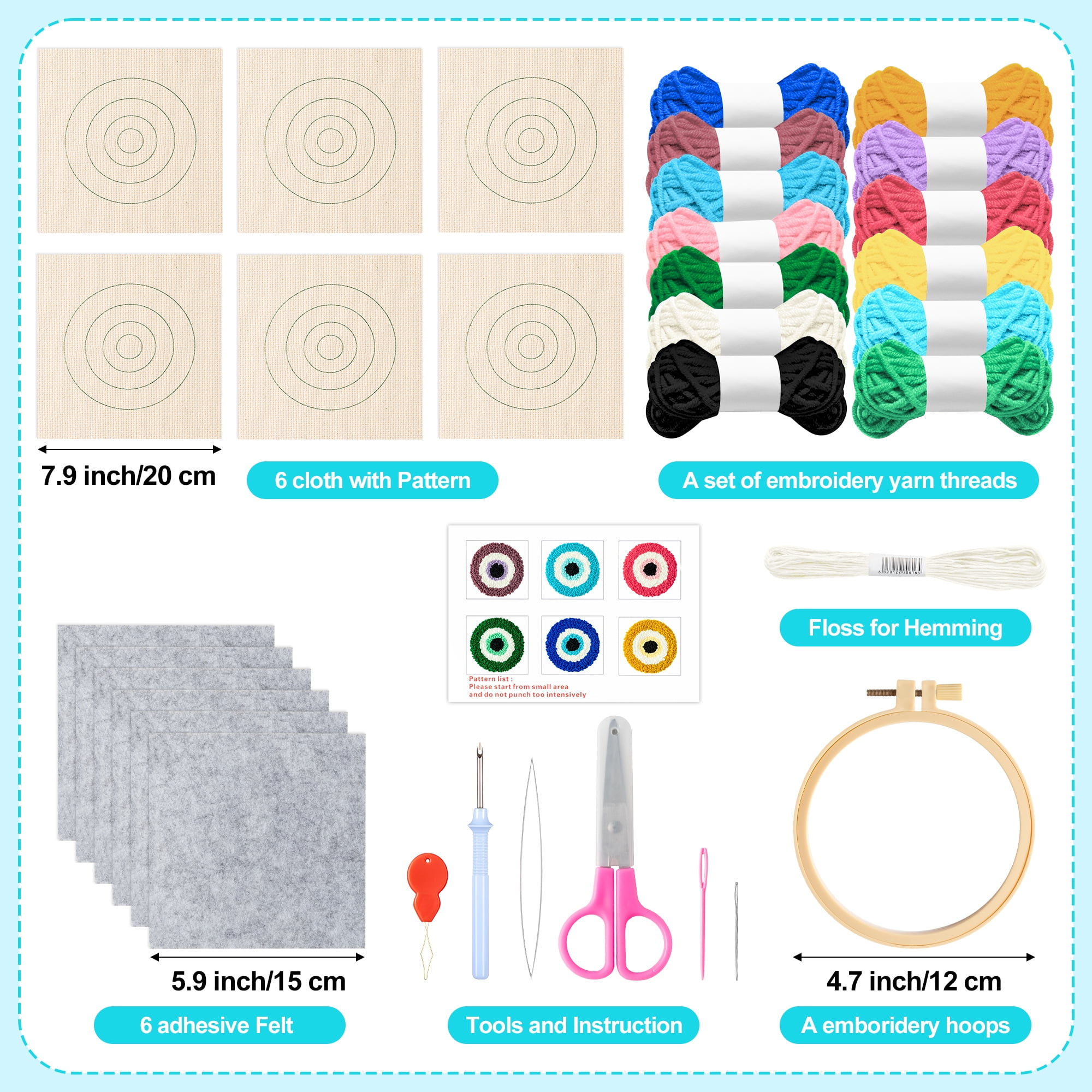 Belanttega Devil Eye Punch Needle Coaster Kit - 22Pcs Art Work Decor Craft Supplies Kits for Beginners, DIY Set of 6 Pattern Tufted Rug Pads with Adhesive Felt Yarns Embroidery Hoop Instruction Gifts