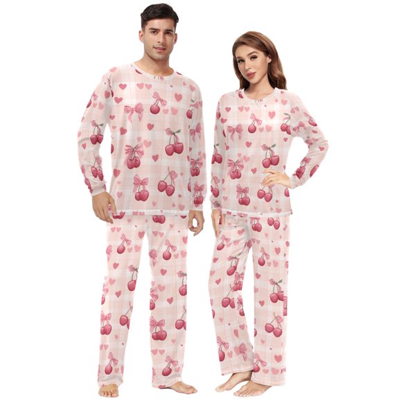 Matching Pajamas for Couples Cute Pink Cherries with Bows His and Hers Pajamas Sets Soft Long Sleeve Sleepwea