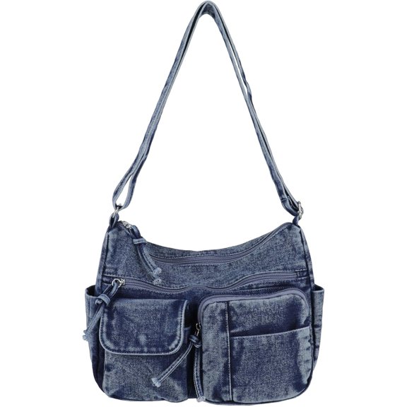 Sunyuer Washed Denim Crossbody Bag for Women, Large Capacity Multi Pocket Casual Shoulder Handbag, Vintage Adjustable Strap Messenger Purse, Trendy Daily Hobo Bag