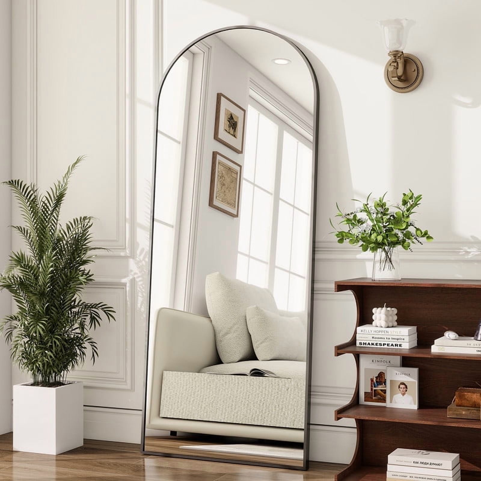 Mirrasia 68" x 22" Arched Full Length Mirror With Stand Floor Mirror Wall Mounted, Black