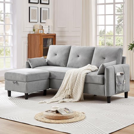 Jarenie Convertible Sectional Sofa, 77" Small L Shaped 3 Seat Couch with Reversible Storage Chaise, Modern Polyester Fabric Sofa Couches for Living Room, Apartment and Small Space, Light Grey