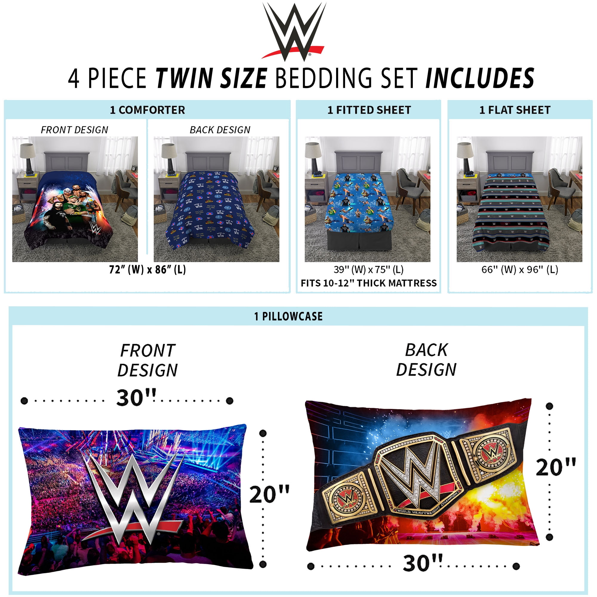 WWE Kids 4 Piece Blue Black Gray Reversible Comforter, Bed in a Bag, Twin