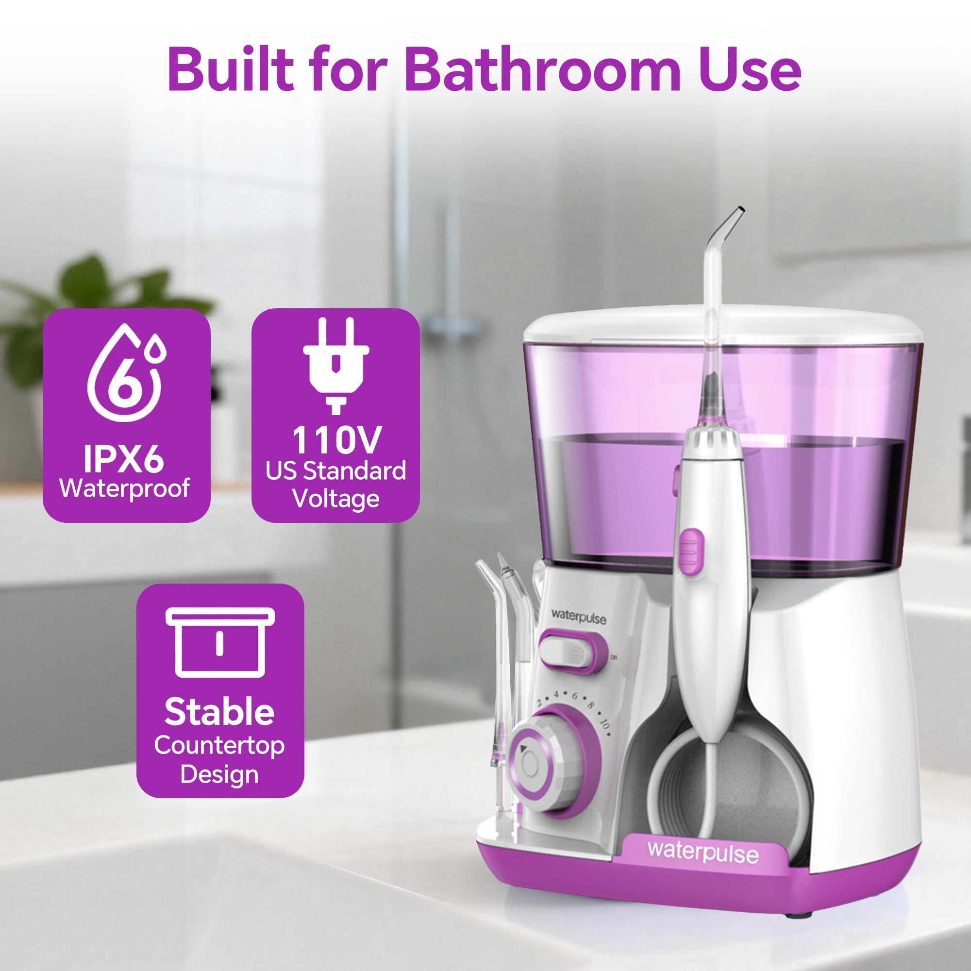 GENKENT Water Flosser for Teeth Cleaning, 800ml Large Tank Oral Irrigator for Home Use, 10 Pressure Modes with 5 Jet Tips, Purple