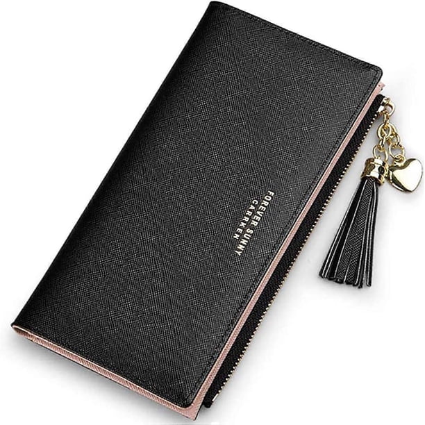 Wallet for Women Leather Purse Credit Card Organizer Girls Cute Zipper Large Long Coin Wallets (C-Black)