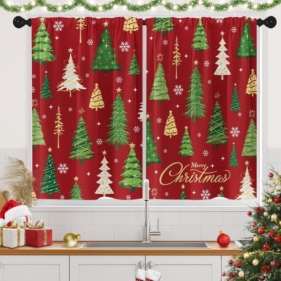 Koesnbre Christmas Kitchen Curtains, Xmas Trees Winter Snowflakes Red Short Window Drapes Set of 2, Holiday Window Treatment Tier Curtains for Kitchen Over Sink Dining Room Decor (26x36 Inch)