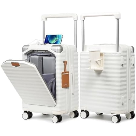 20 Inch Carry on Luggage with Front Pocket, PC Hardshell Carry-on Suitcase USB Port and Cup Holder, 21.5x14.2x9 Airline Approved, Spinner Wheels TSA Lock (White)