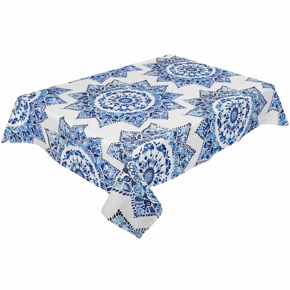 Boho Blue Flower Rectangle Tablecloths 52x70,Mandala Tribal Patterns Ethnic Bohemian Table Cloth Table Cover Indoor/Outdoor Tabletop Decor for Wedding Holiday Party Dinner Baby Shower
