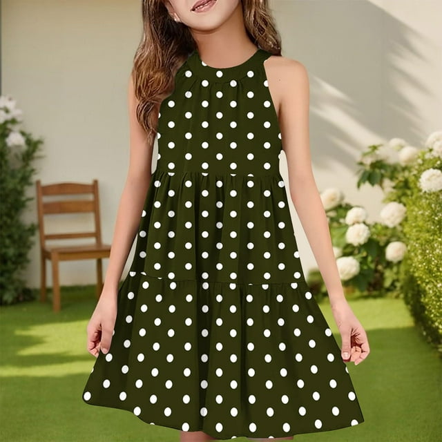 QTBIUQ Robe Patchwork Sans Manches à Pois pour Fille, Col Rond, avec Camisole et Poche, Décontractée, Quotidienne, Polyvalente, pour Vacances, Fête, Jeu, Ensemble d'Été, Style Mignon et Concis (Vert Armée, 7-8 Ans)