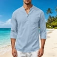 thumbnail image 6 of Awwp Men's Linen Cotton Shirt 3/4 Sleeve Stand Collar Casual Button down Shirts with Pocket Breathable Summer Shirts 8 Colors Available Vacation Beach Shirt Sky Blue Size: 3Xl, 6 of 9