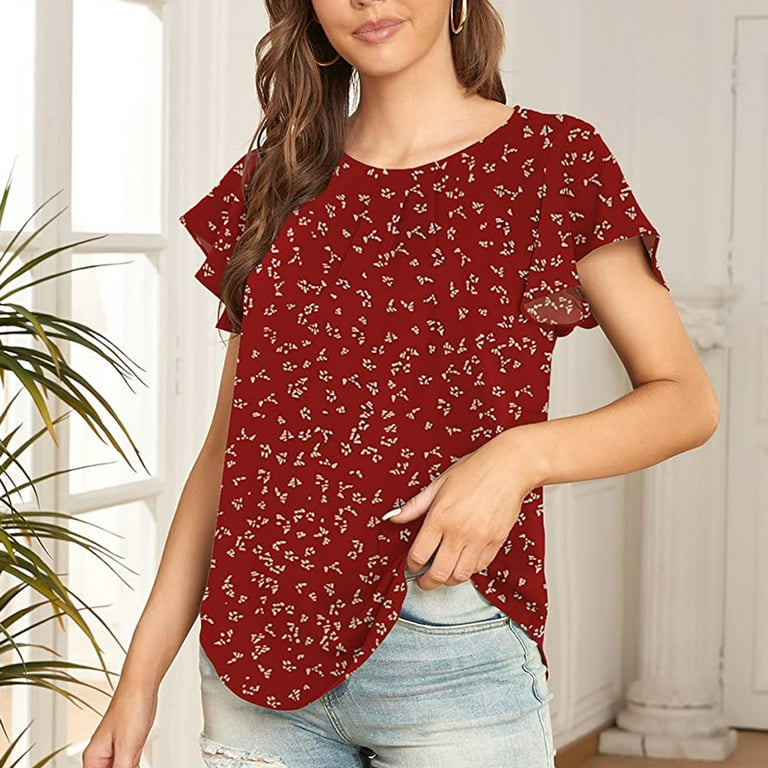 YYDGH Women's Round Neck Pleated Top Ruffle Short Sleeve Shirts Basic  Casual Office Work Blouse Red XL 