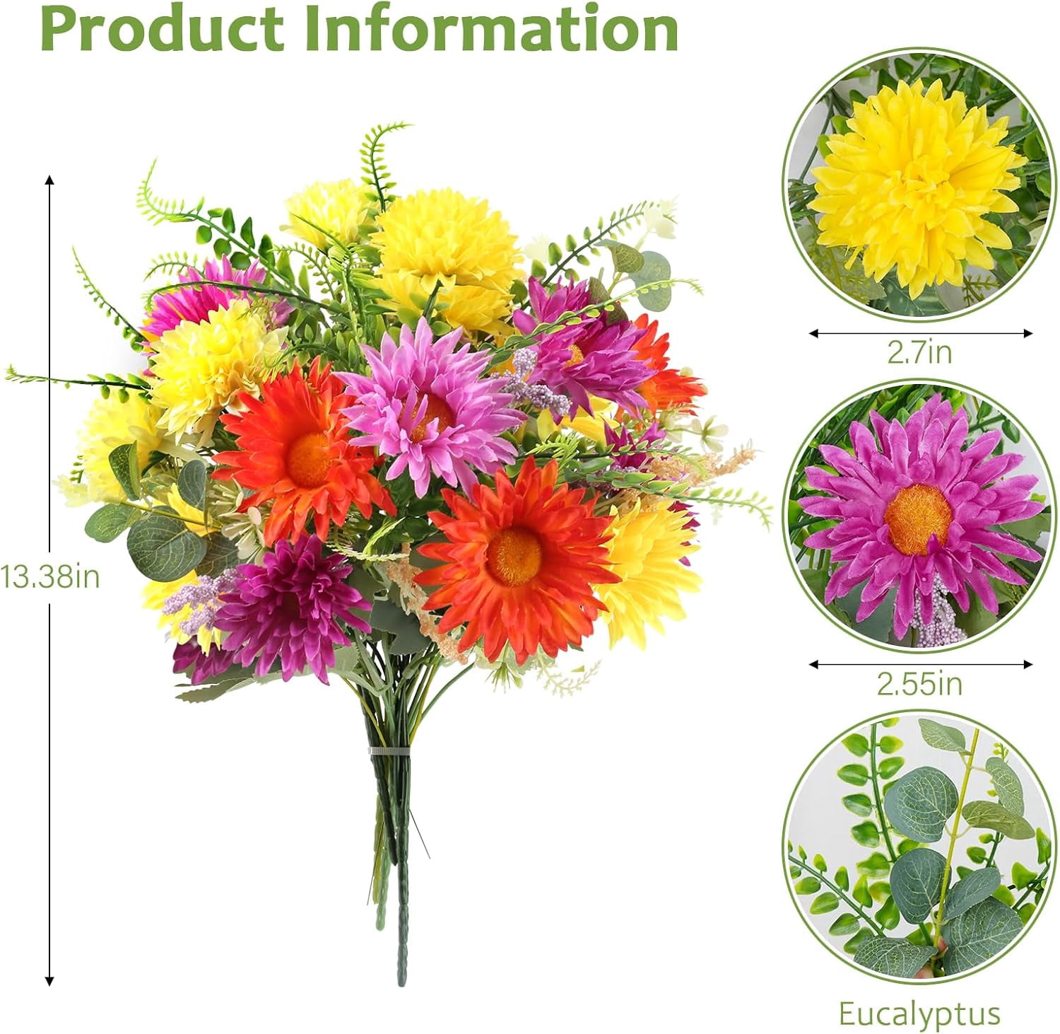 Fall Flowers Artificial Faux Gerbera Daisies Flowers Fake Silk Flowers Arrangements Fall Cemetery Flowers for Grave for Home Indoor Table Vase Wedding Party Halloween Autumn Decor (13.38in)