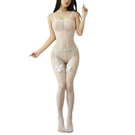 

JULYING Women Sexy Spaghetti Strap See-Through Mesh Bodystockings Erotic Crotchless Lingerie Bodysuit Polka Dot Sweet Bowknot Babydoll Nightwear