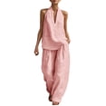 thumbnail image 4 of Women's Halter Neck 2 Piece Set, V Neck Tank Top and Wide Leg Pants Outfit, Casual Lounge Set, Summer Vacation Outfits for Women, Beach Cover Up and Romper Alternative-Pink, 4 of 4