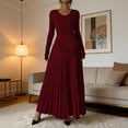 thumbnail image 5 of TIHLMK Women's Long Sleeve Crew Neck Bodycon Dresseses Shirred Waist with Pleated Maxi Skirt, 5 of 7