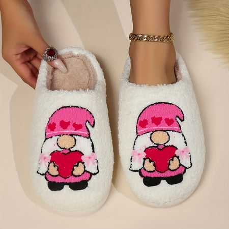

Cozy Valentines Day Plush Slippers - Adorable Cartoon Gnome & Lover Pattern Ultra-Soft Warm and Flat Shoes for Home Use - Perfect Gift for Winter Season