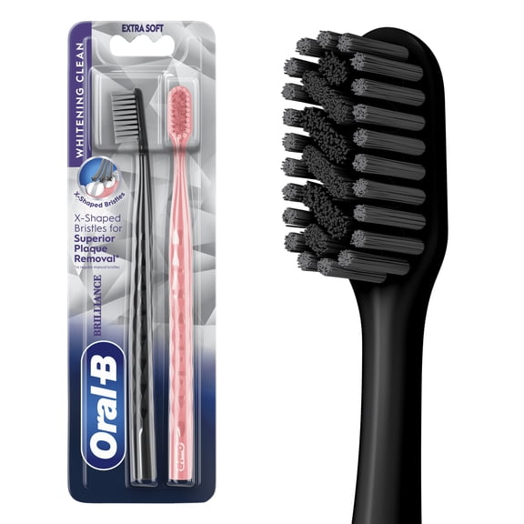 Oral-B Brilliance Whitening Manual Toothbrush, Extra Soft, Black & Coral, 2 Count, for Adults & Children 3 