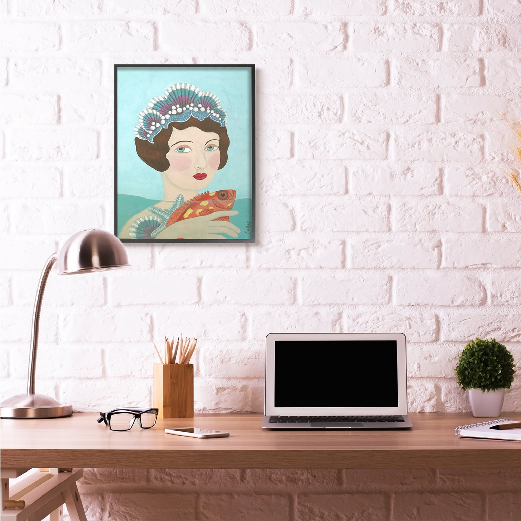 Stupell Industries Woman And Fish Blue Animal Painting Black Framed Art Print Wall Art, 24x30, by Sally B