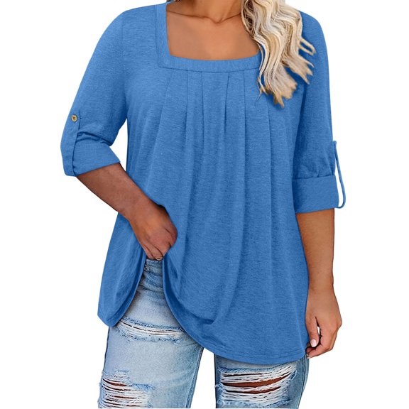 Vivianyo HD Women's Pleated Square Neck Tunic Top, Roll Tab 3/4 Sleeve Loose Flowy Blouse for Women, Fall Casual Tops for Daily Errands, Sizes L-5XL