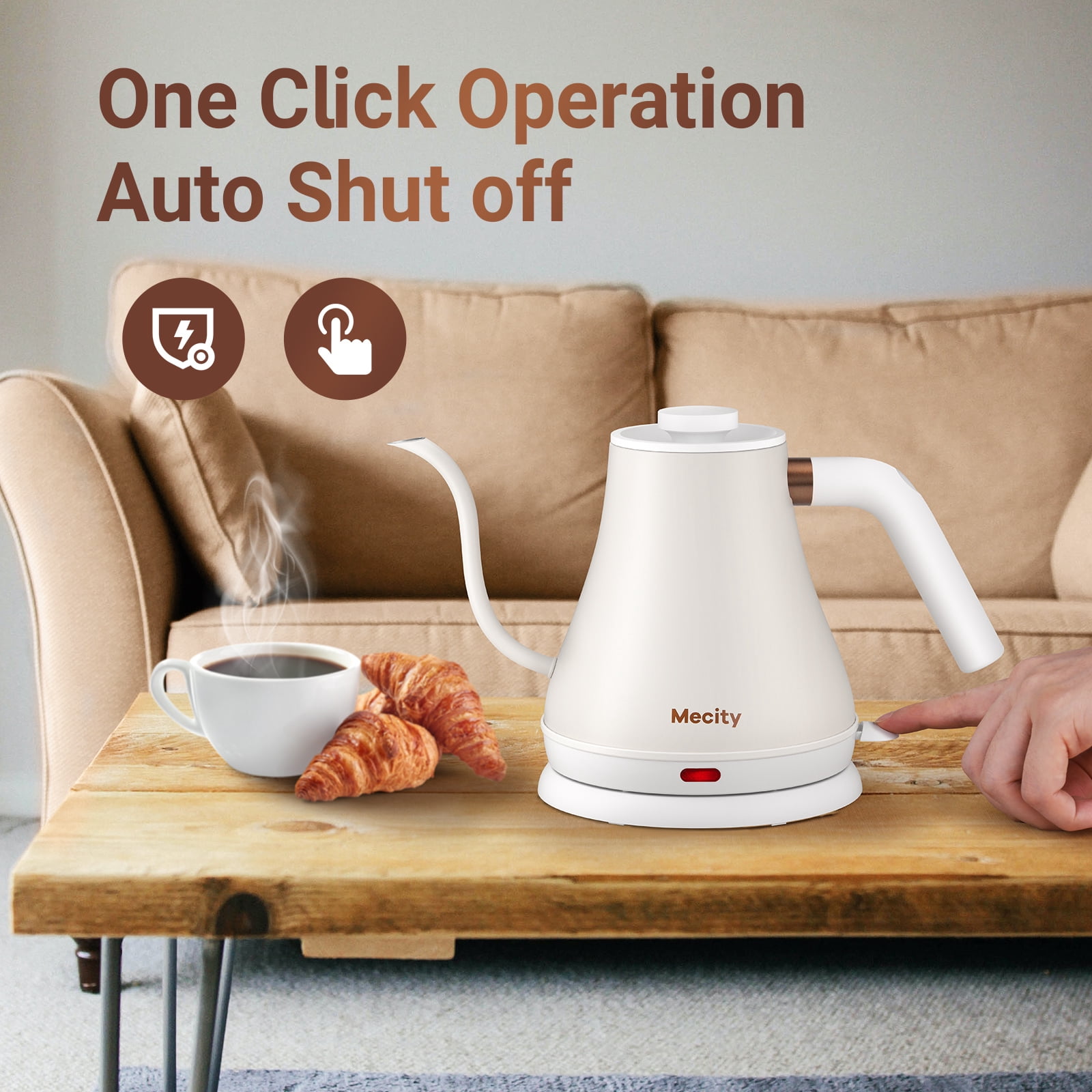 Mecity Electric Kettle Gooseneck Water Kettle Stainless Steel Tea Kettle Water Boiler Fast Heating, Auto Shut Off, 0.8 L, 1000W, White