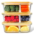 thumbnail image 1 of Glass Containers Bamboo Lids, , Meal Prep Containers, Glass Food storage Containers, 2 Compartments, Pantry and Kitchen Organizer, Lunch Bento Box, Microwave-Freezer-Oven Safe, set of 3,, 1 of 4