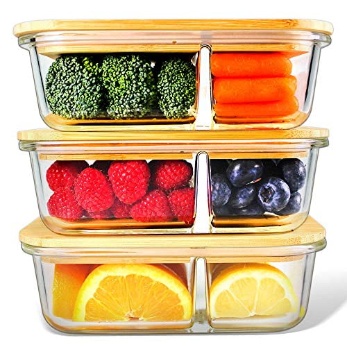 Glass Containers Bamboo Lids, , Meal Prep Containers, Glass Food storage Containers, 2 Compartments, Pantry and Kitchen Organizer, Lunch Bento Box, Microwave-Freezer-Oven Safe, set of 3,