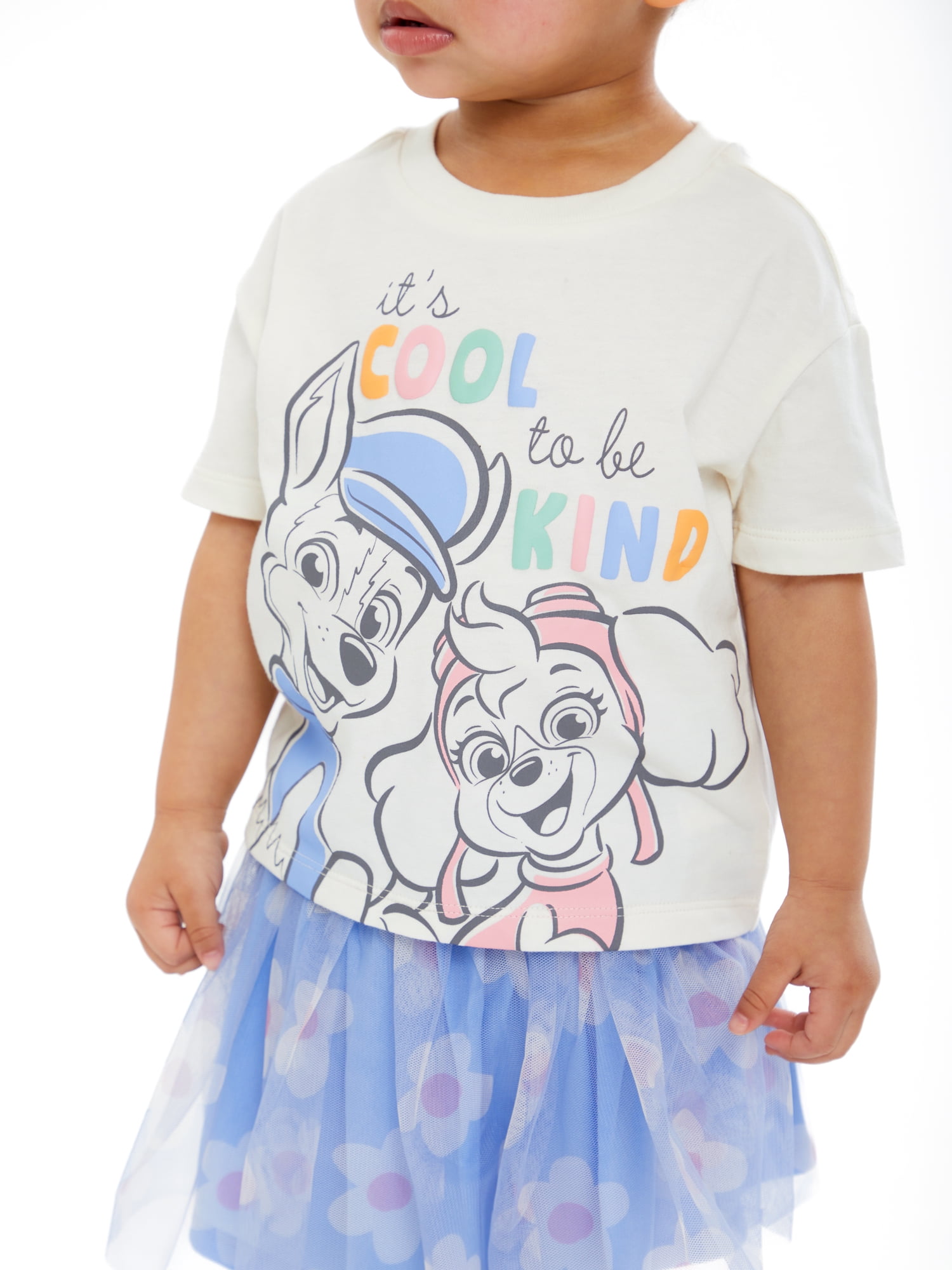 PAW Patrol 2pcs Toddler Girl Letter Print Short-sleeve White Cotton Tee and Dog Paw Print Skirt Set