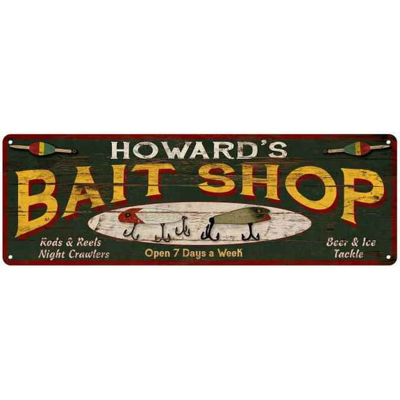 HOWARD'S Bait Shop Sign Wood Look Man Cave Den Gift 6x18 Metal 206180024082