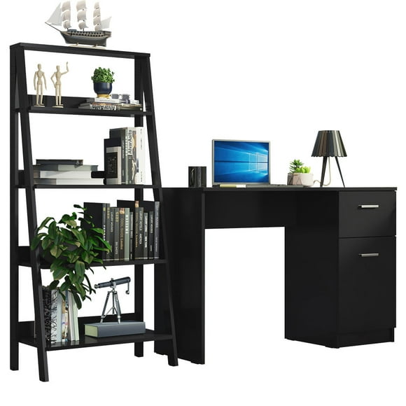 Madesa Compact Desk 43" + Ladder Shelf Standing Bookcase - Black