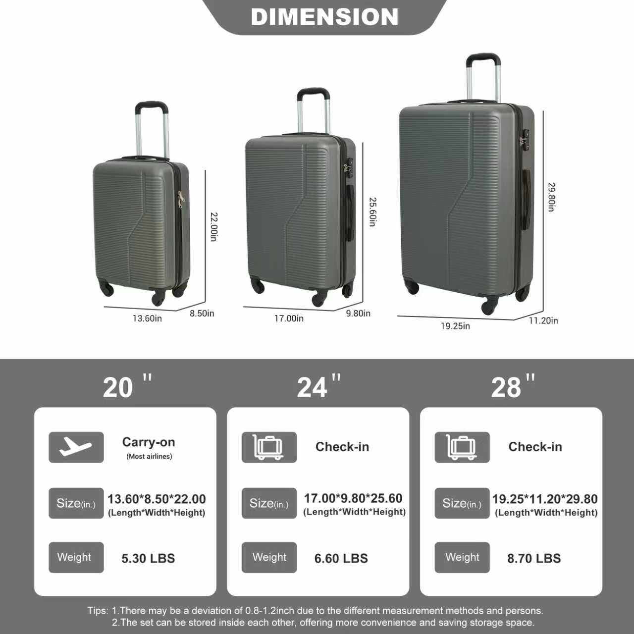 Hardside Suitcase, 3-Piece Luggage Set ABS Lightweight & Durable Suitcase with Spinner Wheels, TSA Lock, (20/24/28), Dark Grey, Dark Grey Hardside Luggage,Abs Hardside Checked Luggage