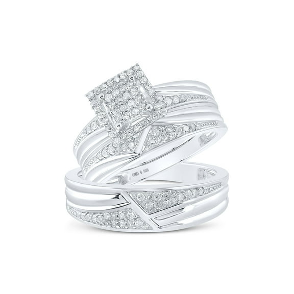 Sterling Silver His Hers Round Diamond Square Matching Wedding Set 1/2 Cttw