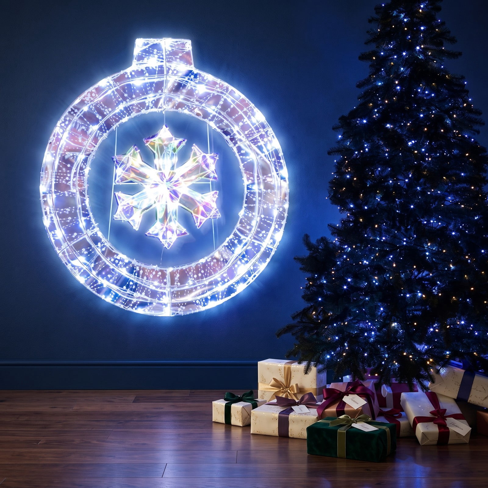 RUIE 33 Inch Lighted Christmas Snowflake Ornament with 128 Cold White LED Lights, Hanging Ring and Support Bracket for Indoor Outdoor Holiday Door Decoration, Cold White