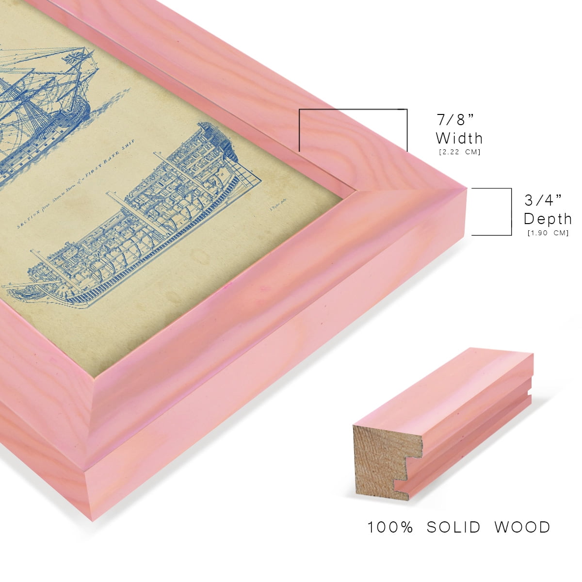 Vintage Ship Blueprint -Framed Print w/glass-Sunset Pink