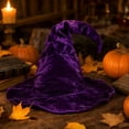 thumbnail image 5 of Crushed Velvet Wrinkled Witch Hat Adult Halloween, Polyester Fiber Twisted Curved Wizard Hat Vintage Prop for Spooky Halloween Party and Dress Up Purple B, 5 of 5