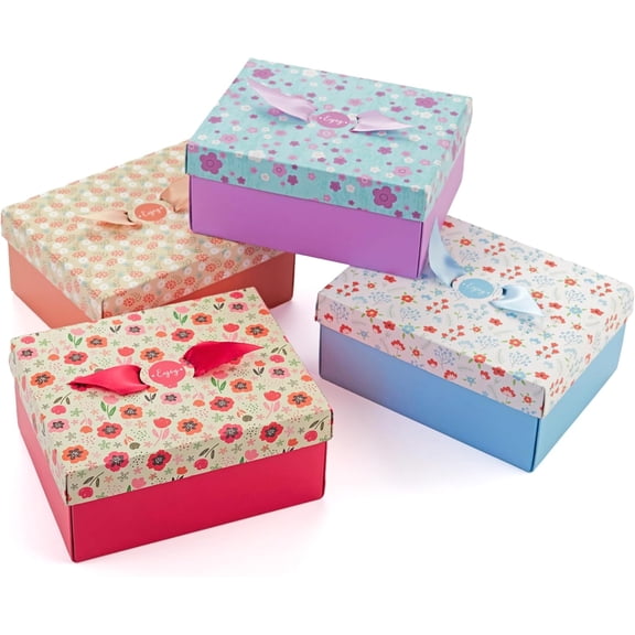 Boxes with Lids & Ribbons (20 Pack) 8" x 6.3" x 3.5" Decorative Printed Treat Boxes for Gift Giving, Soaps, Chocolate, Small Presents, Christmas, Birthdays, Bridesmaid, Diwali, Bulk, Empty